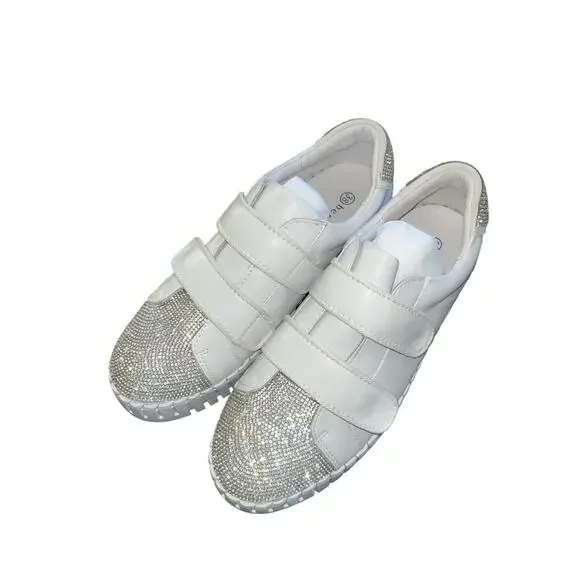 Women's Bernie Mev Odell Leather Sneaker White Rhinestones Memory Foam Sz 38/7 - Picture 2 of 7